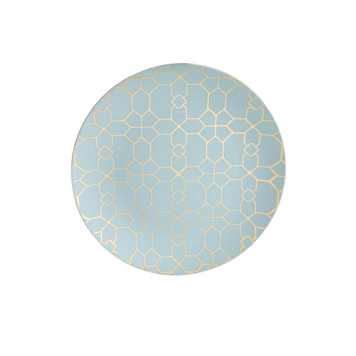 Light blue plate with gold geometric pattern for celebration from Parte Haus party supply store in Bethesda Maryland