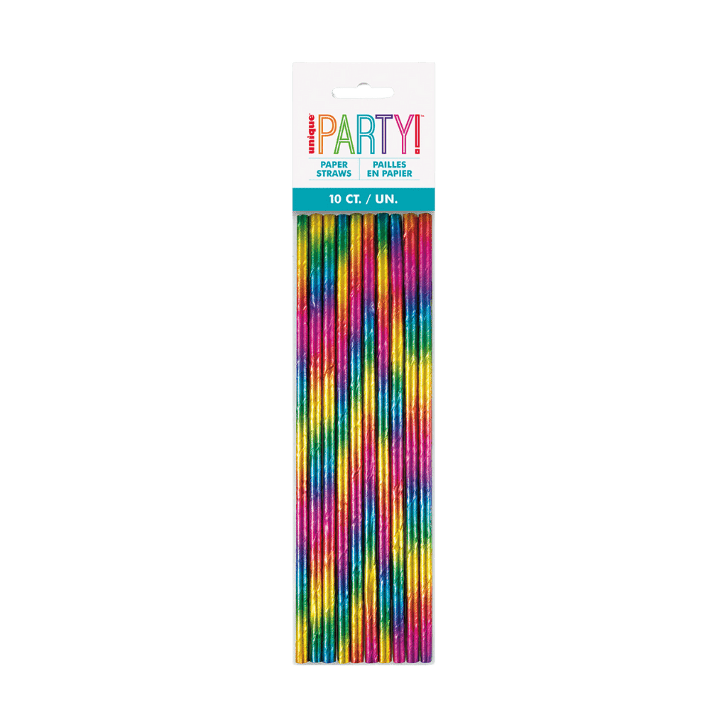 Rainbow paper straws pack with colorful stripes birthday theme from Parte Haus party supply store in Bethesda MD