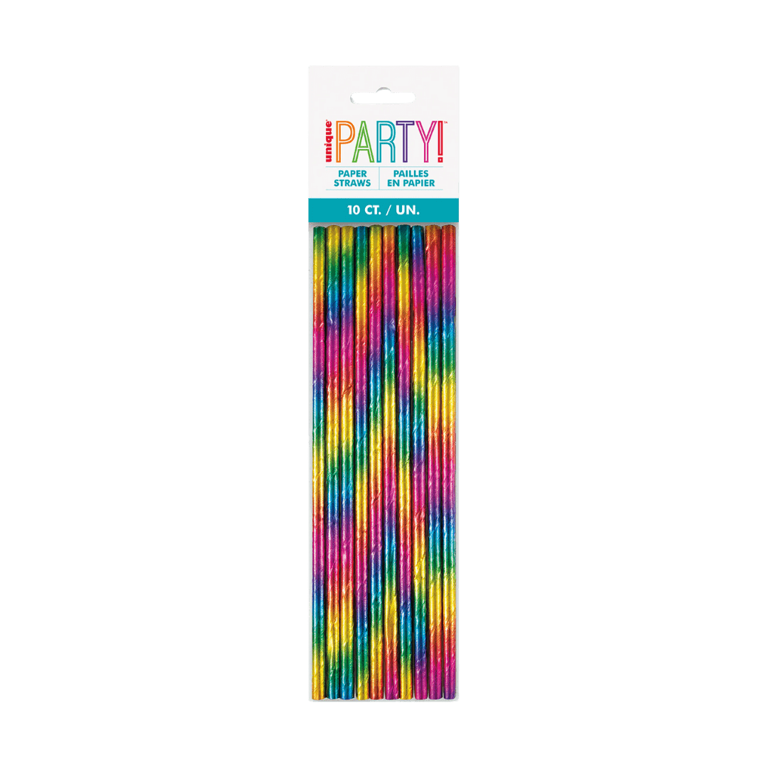 Rainbow paper straws pack with colorful stripes birthday theme from Parte Haus party supply store in Bethesda MD