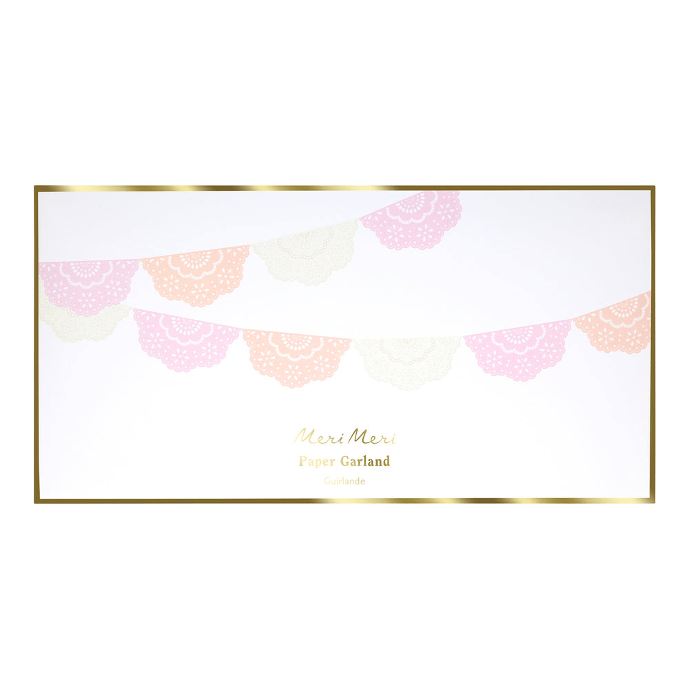Pink peach and cream paper garland with lace design pastel celebration from Parte Haus party supply store in Bethesda MD