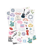 Multicolor sticker sheet with butterflies guitars boots and hearts Taylor Swift theme from Parte Haus party supply store in Bethesda Maryland