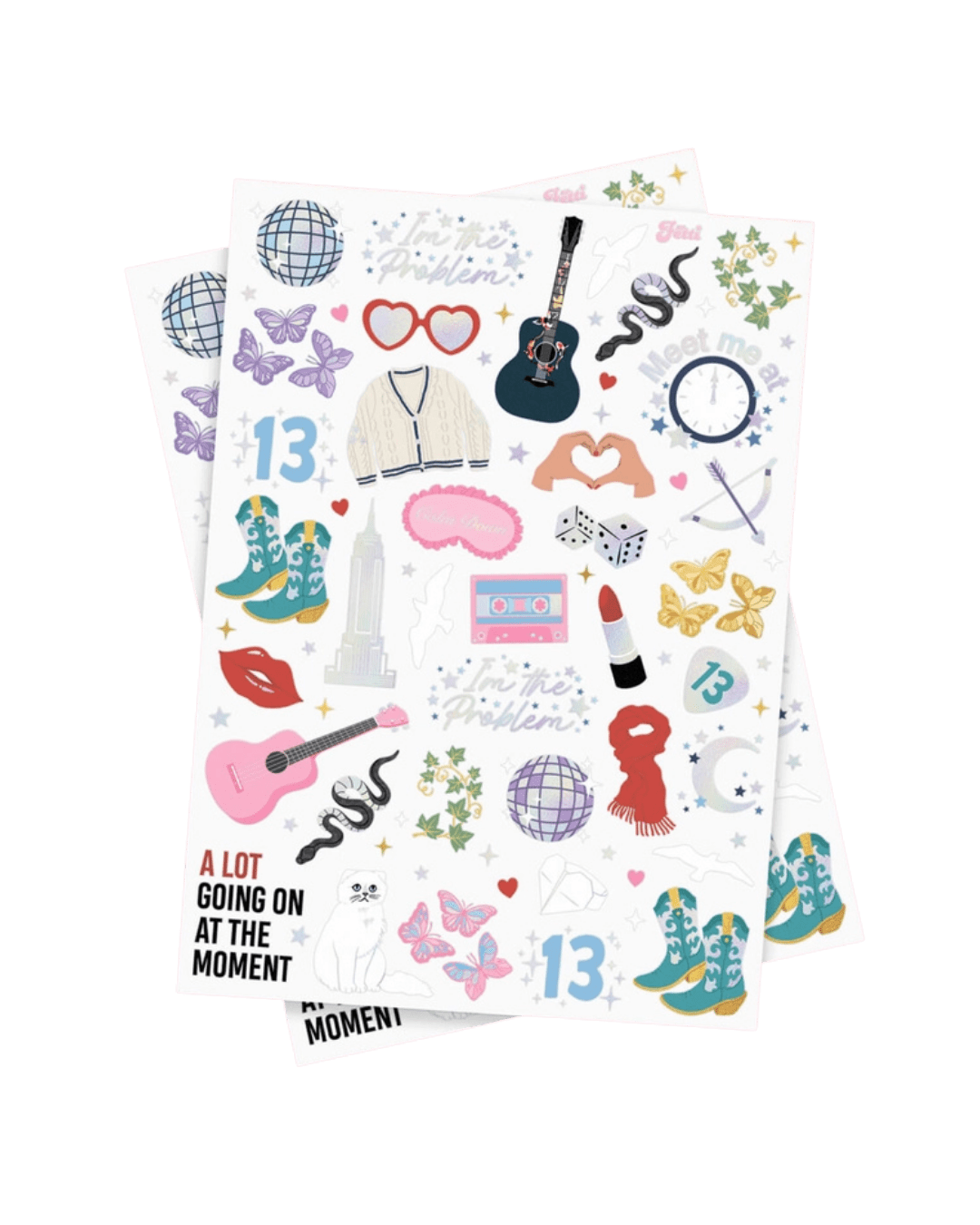 Multicolor sticker sheet with butterflies guitars boots and hearts Taylor Swift theme from Parte Haus party supply store in Bethesda Maryland