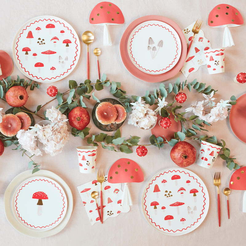 Red mushroom plates napkins and cups whimsical woodland table decor birthday theme from Parte Haus party supply store in Bethesda MD