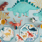 Colorful dinosaur themed plates cups and decorations kids birthday from Parte Haus party supply store in Bethesda MD