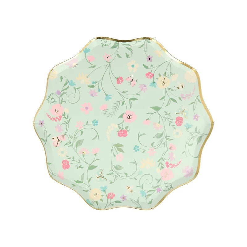 Mint green floral paper plate with gold trim for spring event from Parte Haus party supply store in Bethesda MD.