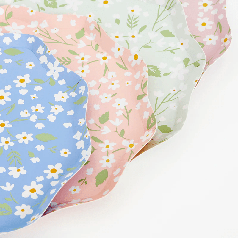 Blue pink and mint floral scalloped plates for spring from Parte Haus party supply store in Bethesda Maryland