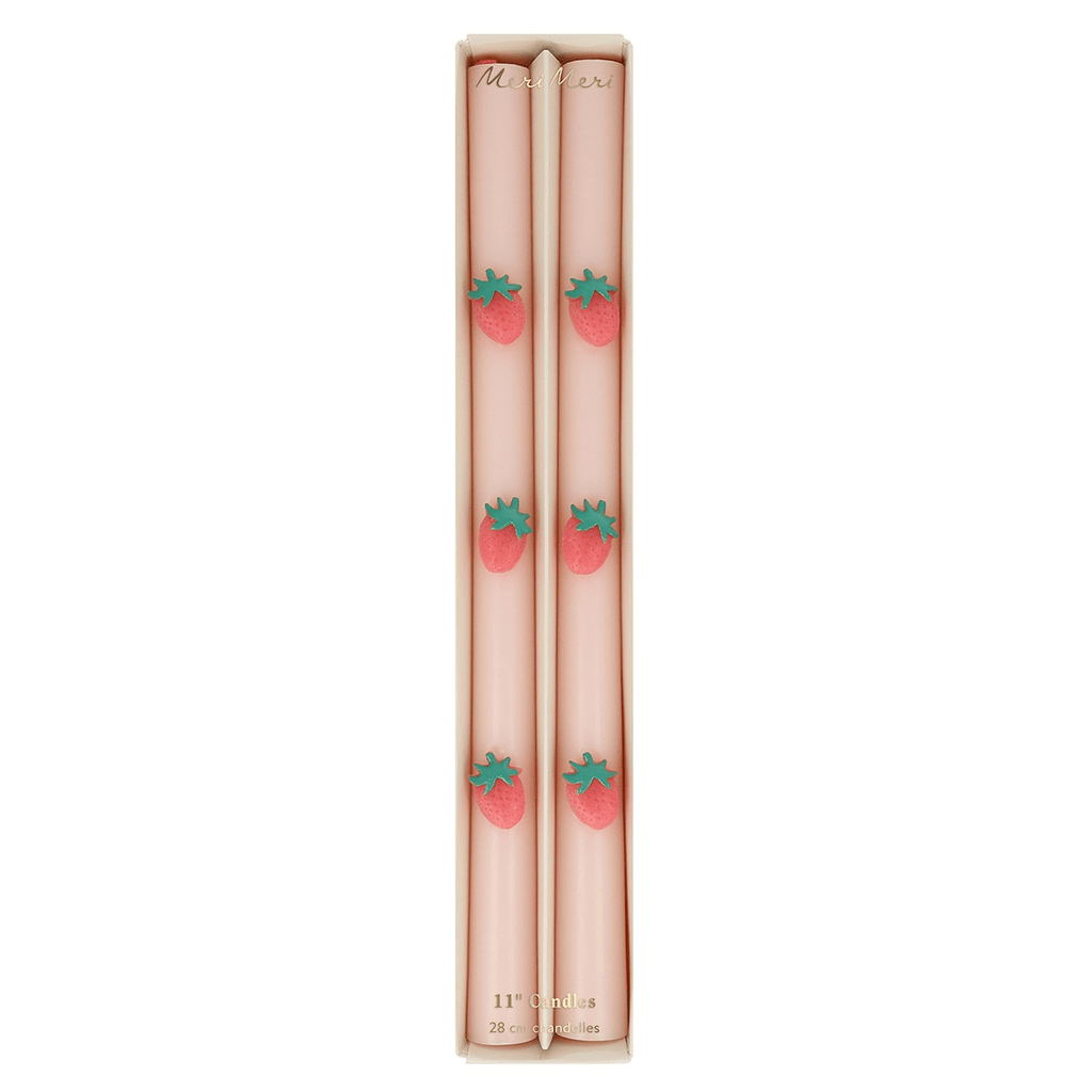 Pink strawberry taper candles with strawberry accents for birthday theme from Parte Haus party supply store in Bethesda MD