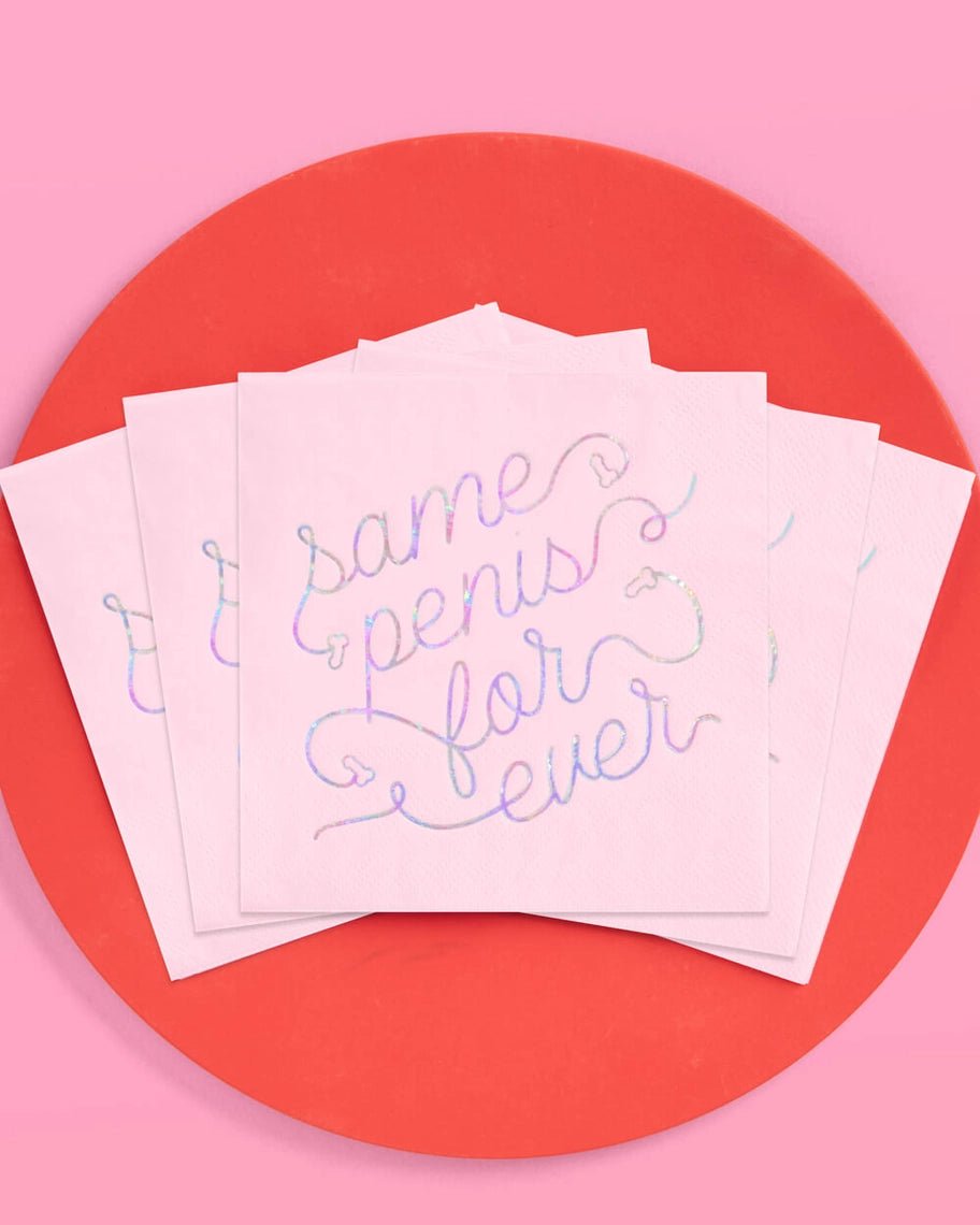 Pink bachelorette napkins with iridescent script lettering from Parte Haus party supply store in Bethesda MD