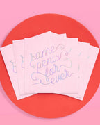 Pink bachelorette napkins with iridescent script lettering from Parte Haus party supply store in Bethesda MD