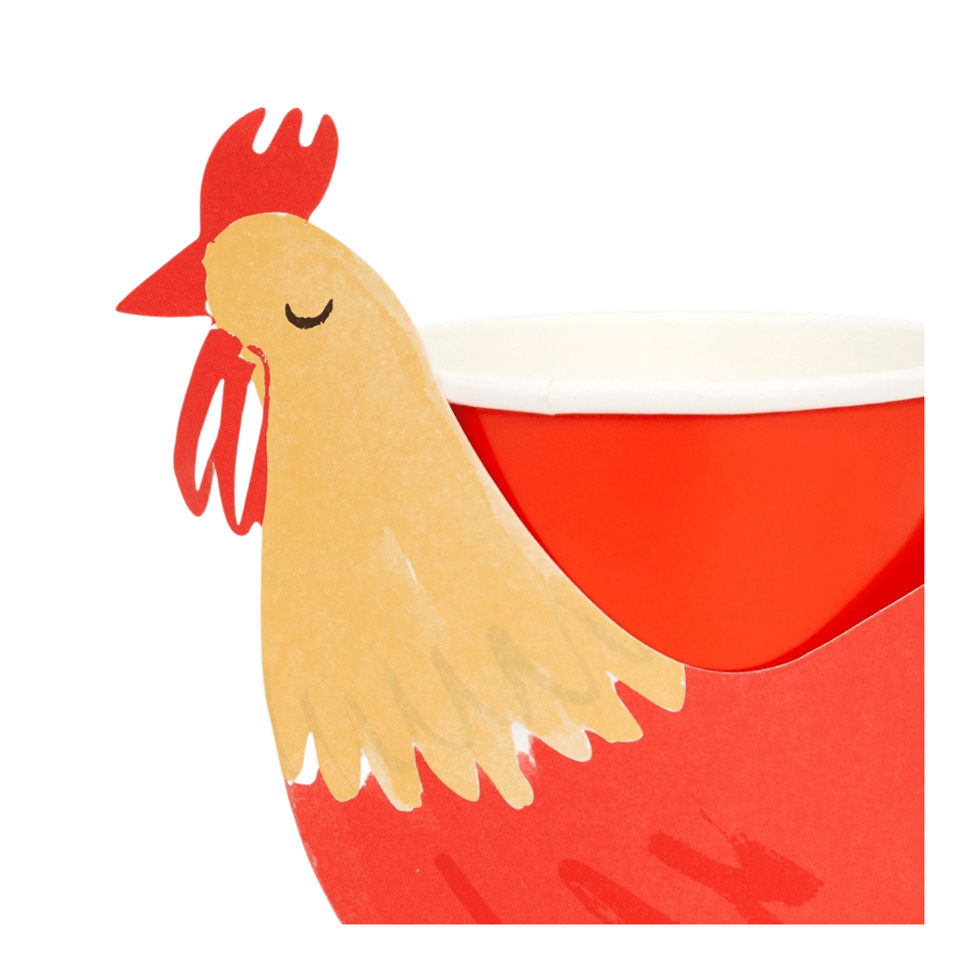 Red and yellow chicken themed cup holder for barnyard birthday from Parte Haus party supply store in Bethesda MD.