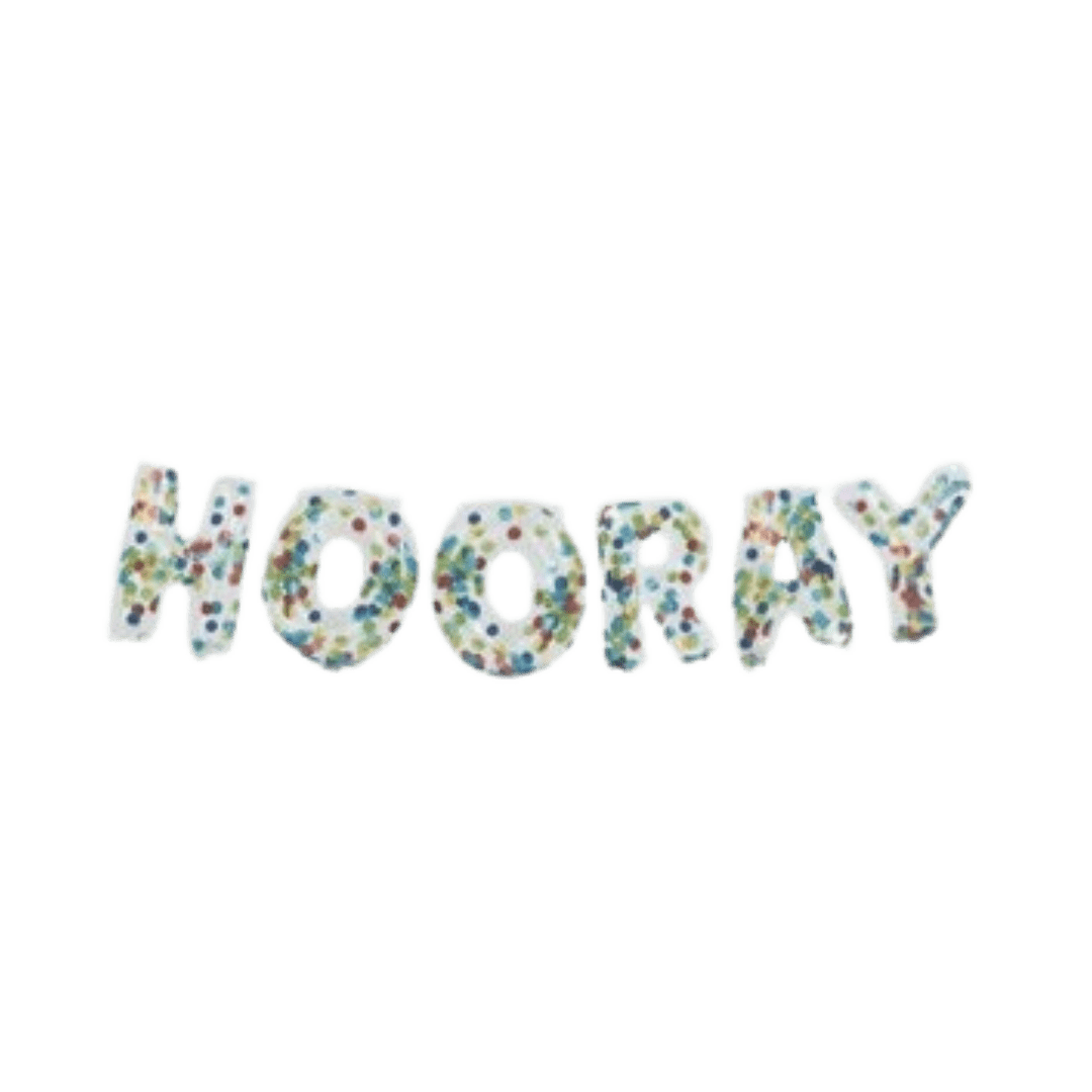Multicolor hooray balloon letter banner for celebration theme from Parte Haus party supply store in Bethesda MD.