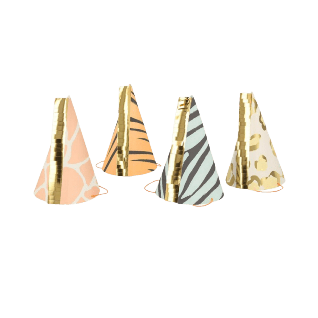 Animal print party hats with gold foil details for safari birthday from Parte Haus party supply store in Bethesda MD
