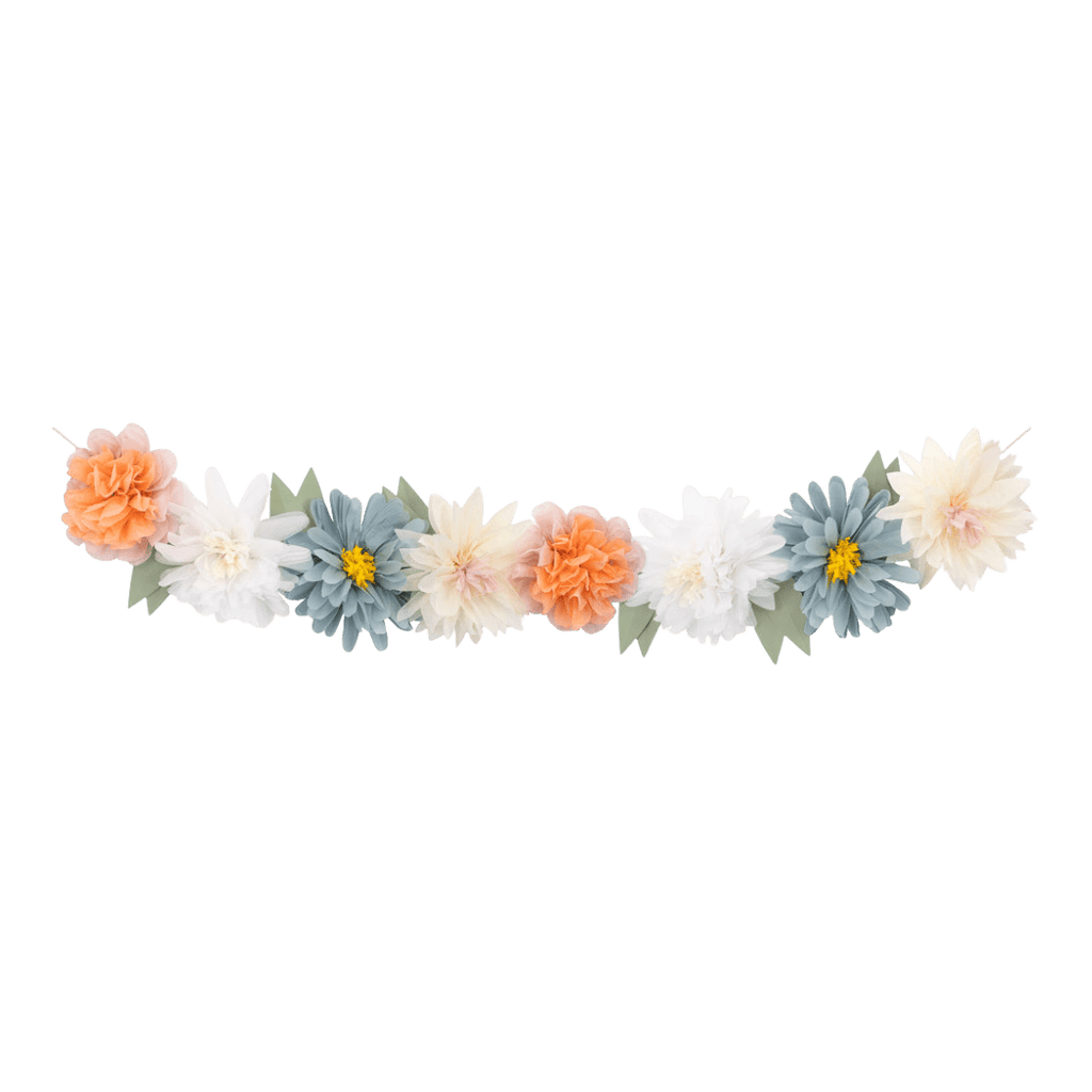 Peach cream and blue floral garland pastel paper flowers for spring theme from Parte Haus party supply store in Bethesda Maryland