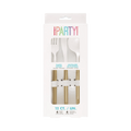 Gold and white plastic cutlery set modern design for any celebration from Parte Haus party supply store in Bethesda Maryland