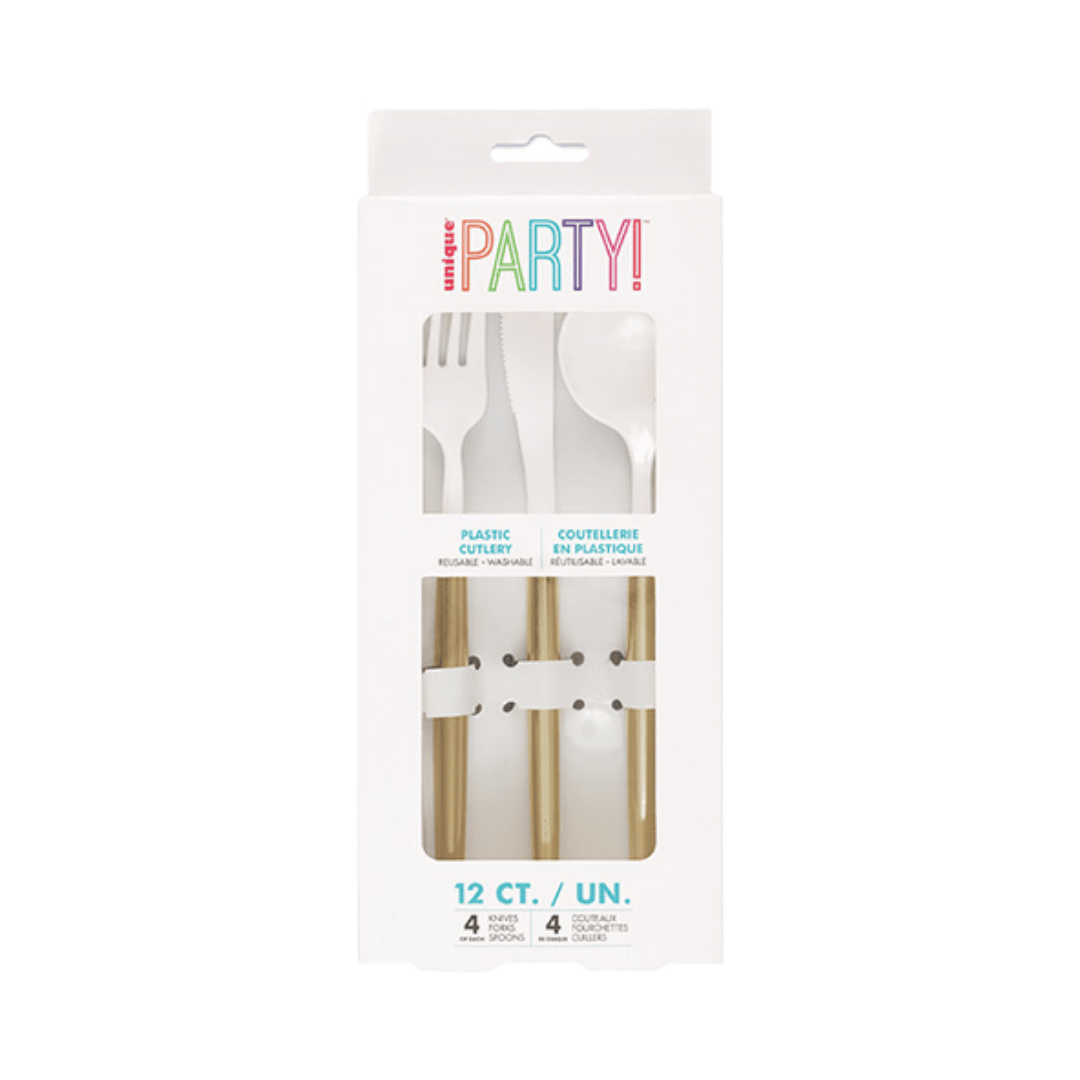 Gold and white plastic cutlery set modern design for any celebration from Parte Haus party supply store in Bethesda Maryland