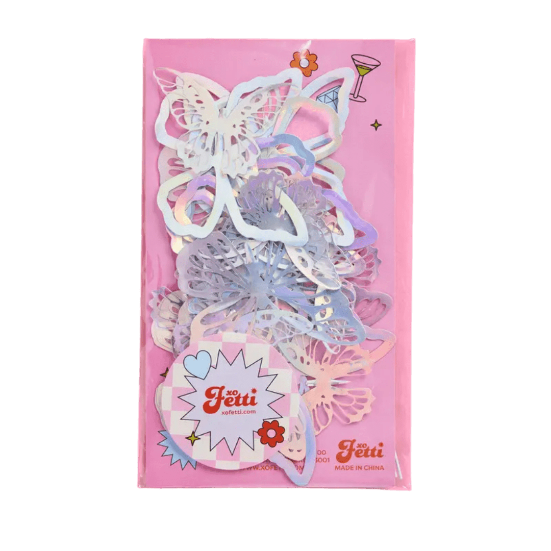 Pastel butterfly paper confetti with pink packaging birthday theme from Parte Haus party supply store in Bethesda Maryland