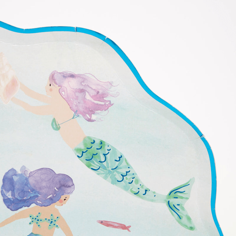 Blue mermaid paper plate with watercolor mermaid illustration Under the Sea from Parte Haus party supply store in Bethesda MD.