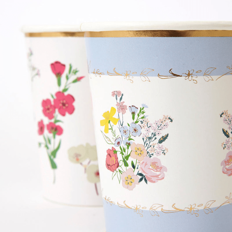 Blue and white floral paper cups with gold trim spring theme from Parte Haus party supply store in Bethesda MD.