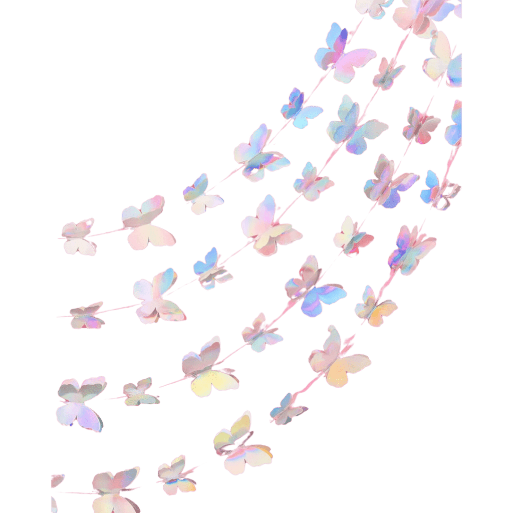 Iridescent butterfly garland with hanging butterflies birthday theme from Parte Haus party supply store in Bethesda MD