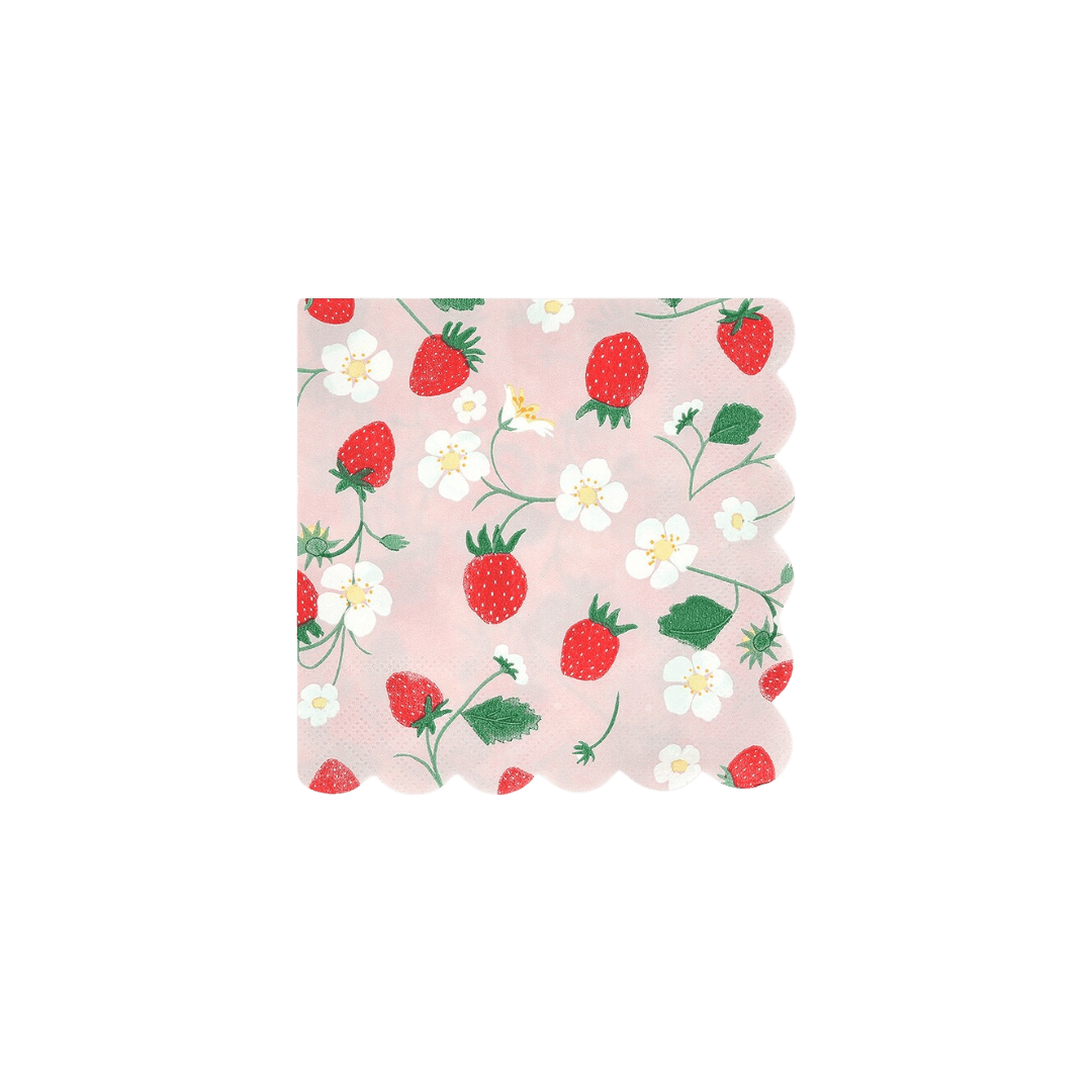 Pink strawberry floral napkin with scalloped edge Spring from Parte Haus party supply store in Bethesda MD.