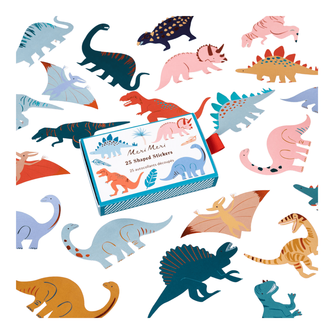 Colorful dinosaur shaped stickers kids birthday theme from Parte Haus party supply store in Bethesda Maryland