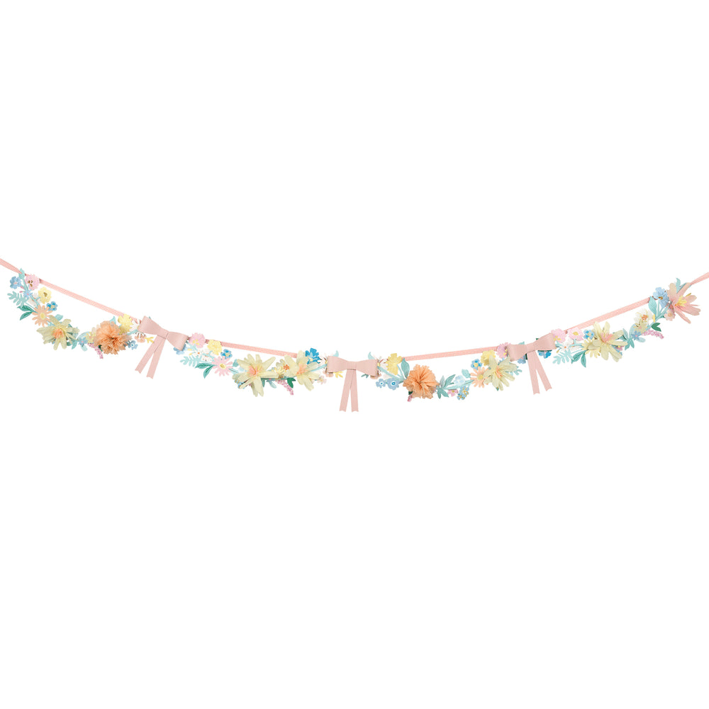 Pastel floral garland with bows spring celebration decor from Parte Haus party supply store in Bethesda MD
