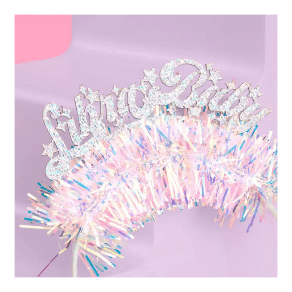 Silver glitter birthday tiara with iridescent tinsel decor birthday theme from Parte Haus party supply store in Bethesda, MD.