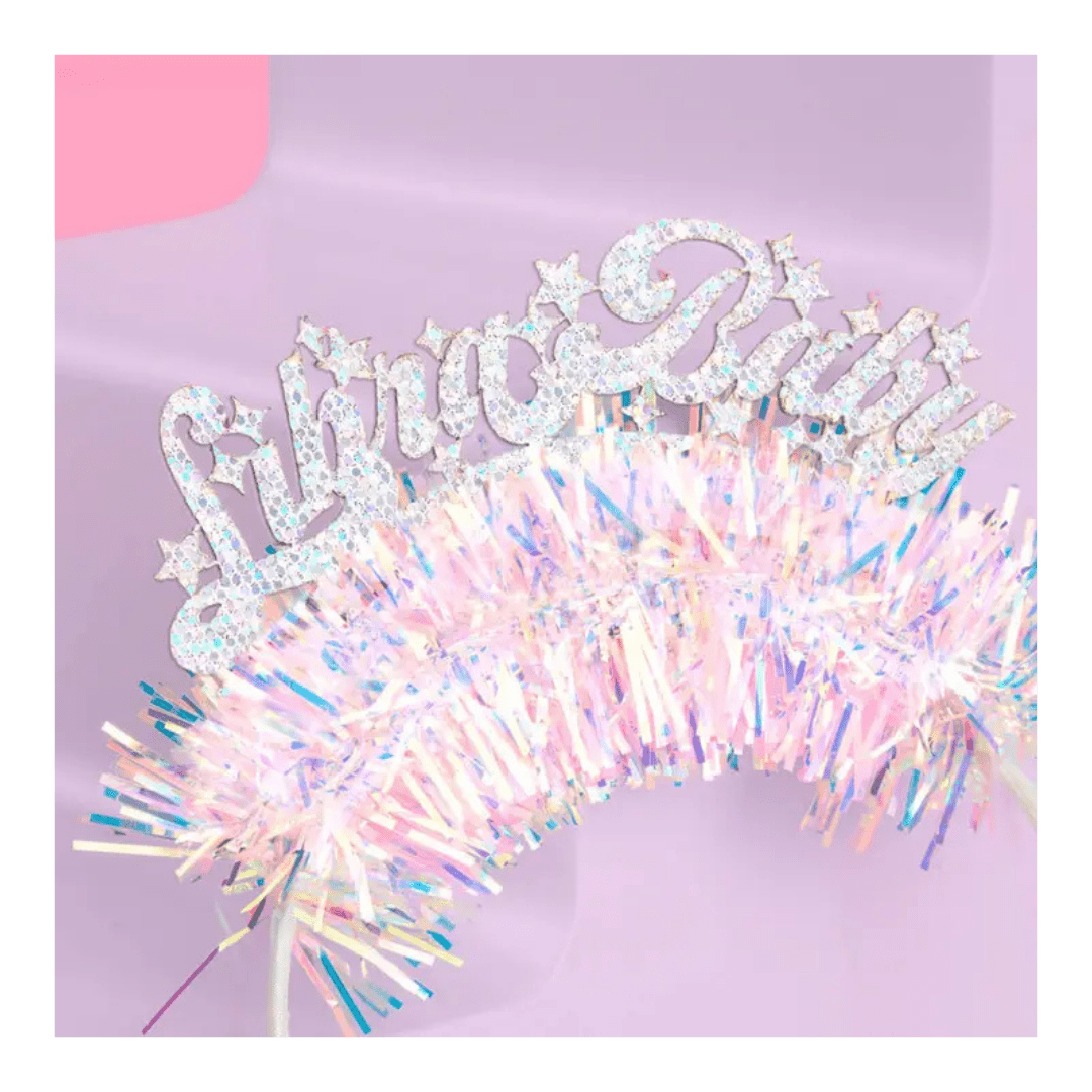 Silver glitter birthday tiara with iridescent tinsel decor birthday theme from Parte Haus party supply store in Bethesda, MD.