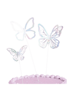 Iridescent butterfly cake toppers spring theme on pink cake Parte Haus party supply store in Bethesda MD
