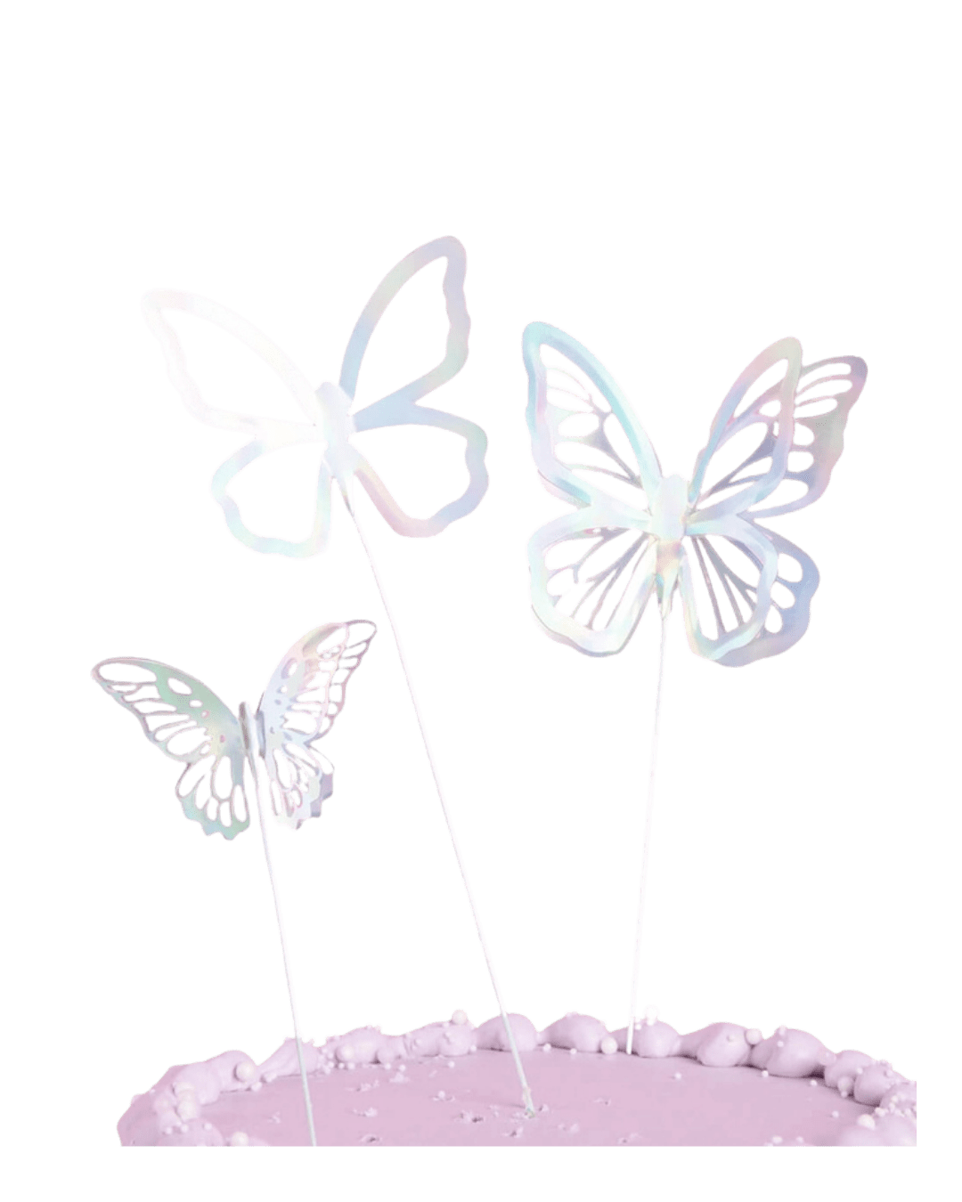 Iridescent butterfly cake toppers spring theme on pink cake Parte Haus party supply store in Bethesda MD
