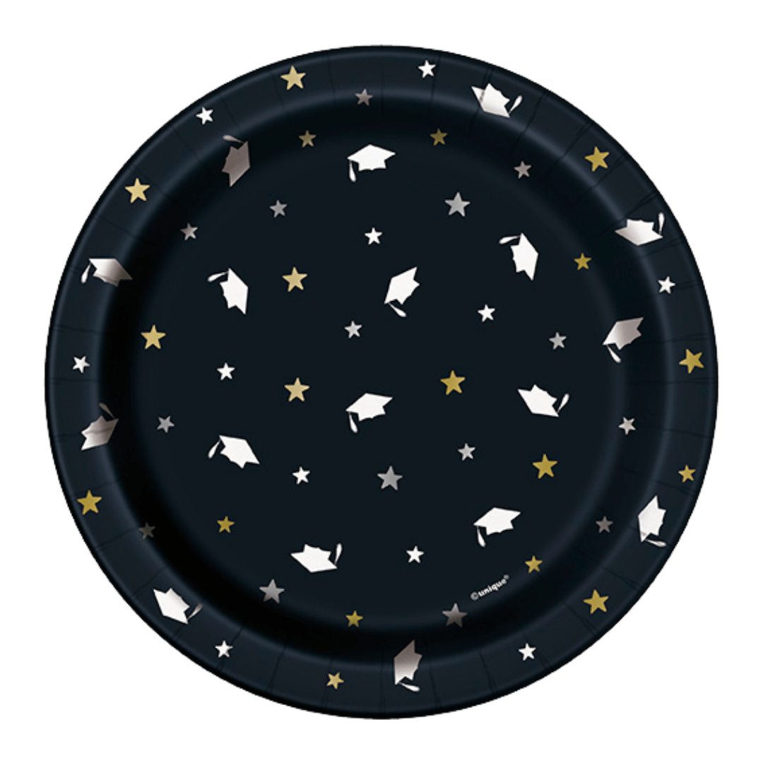 Black graduation paper plate with gold and silver stars and caps graduation theme from Parte Haus party supply store in Bethesda MD