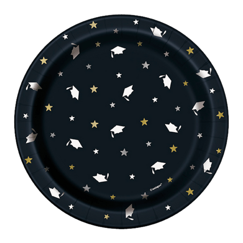 Black graduation paper plate with gold and silver stars and caps graduation theme from Parte Haus party supply store in Bethesda MD