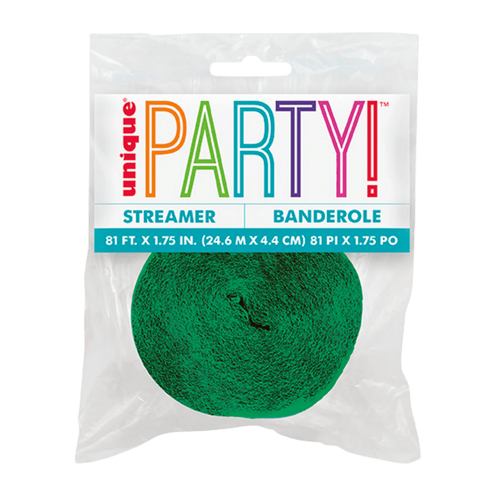 Green streamer roll for birthday celebration from Parte Haus party supply store in Bethesda Maryland