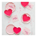 Pink heart plate and napkin set with Lets Go Party text for birthday from Parte Haus party supply store in Bethesda Maryland