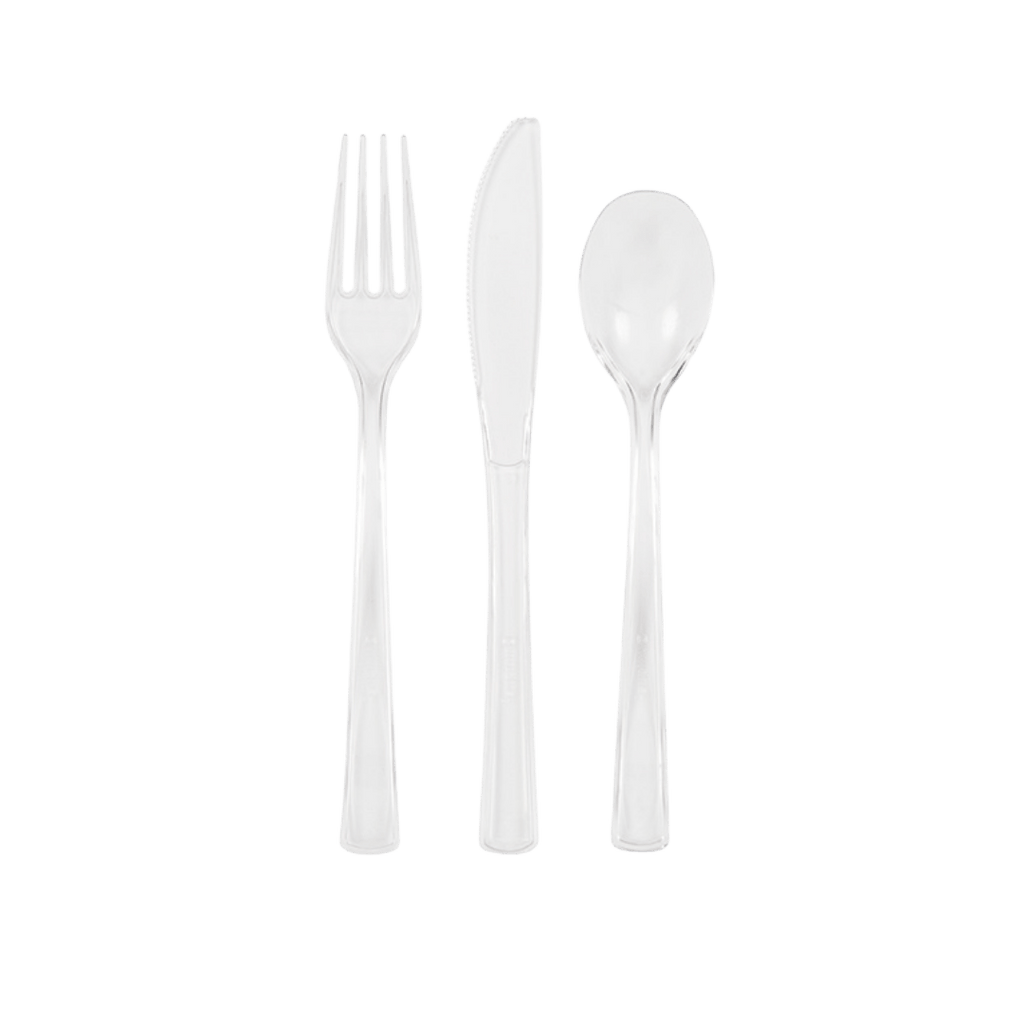 Clear plastic cutlery set with fork knife and spoon tableware from Parte Haus party supply store in Bethesda MD