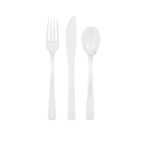 Clear plastic cutlery set with fork knife and spoon tableware from Parte Haus party supply store in Bethesda MD