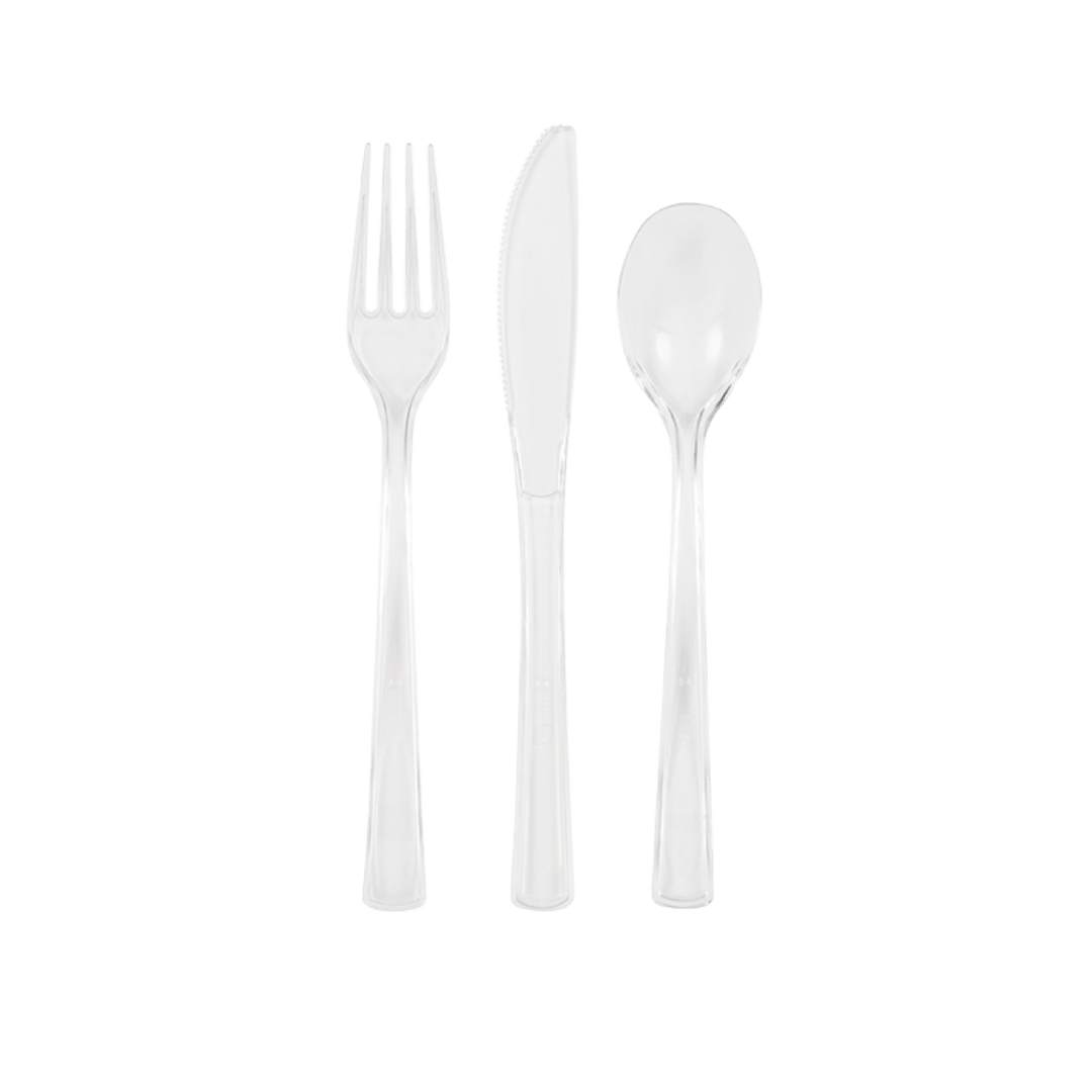 Clear plastic cutlery set with fork knife and spoon tableware from Parte Haus party supply store in Bethesda MD