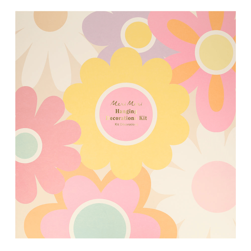 Pastel flower decoration kit with pink yellow and lavender retro floral design birthday theme from Parte Haus party supply store in Bethesda Maryland