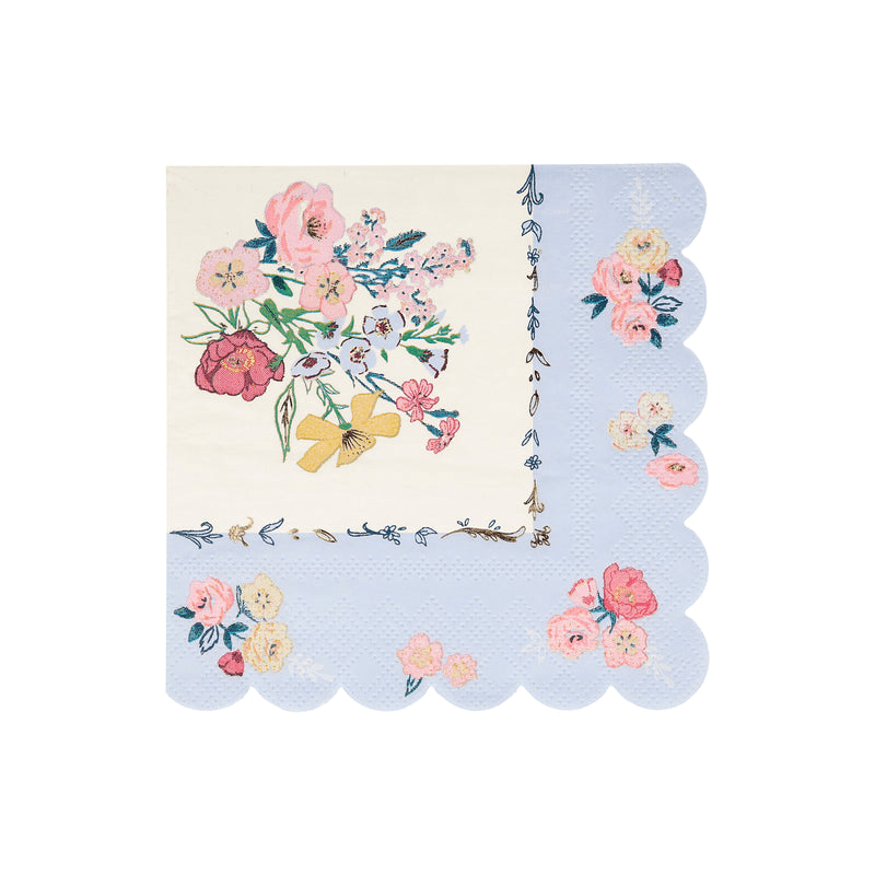 Pastel floral napkin with scalloped edge and spring flower design for garden parties from Parte Haus party supply store in Bethesda Maryland