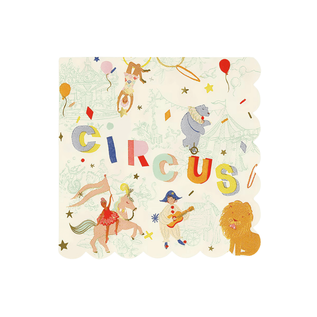Multicolor circus themed napkin with animals and performer illustrations from Parte Haus party supply store in Bethesda MD