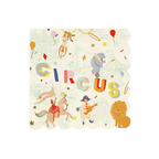 Multicolor circus themed napkin with animals and performer illustrations from Parte Haus party supply store in Bethesda MD