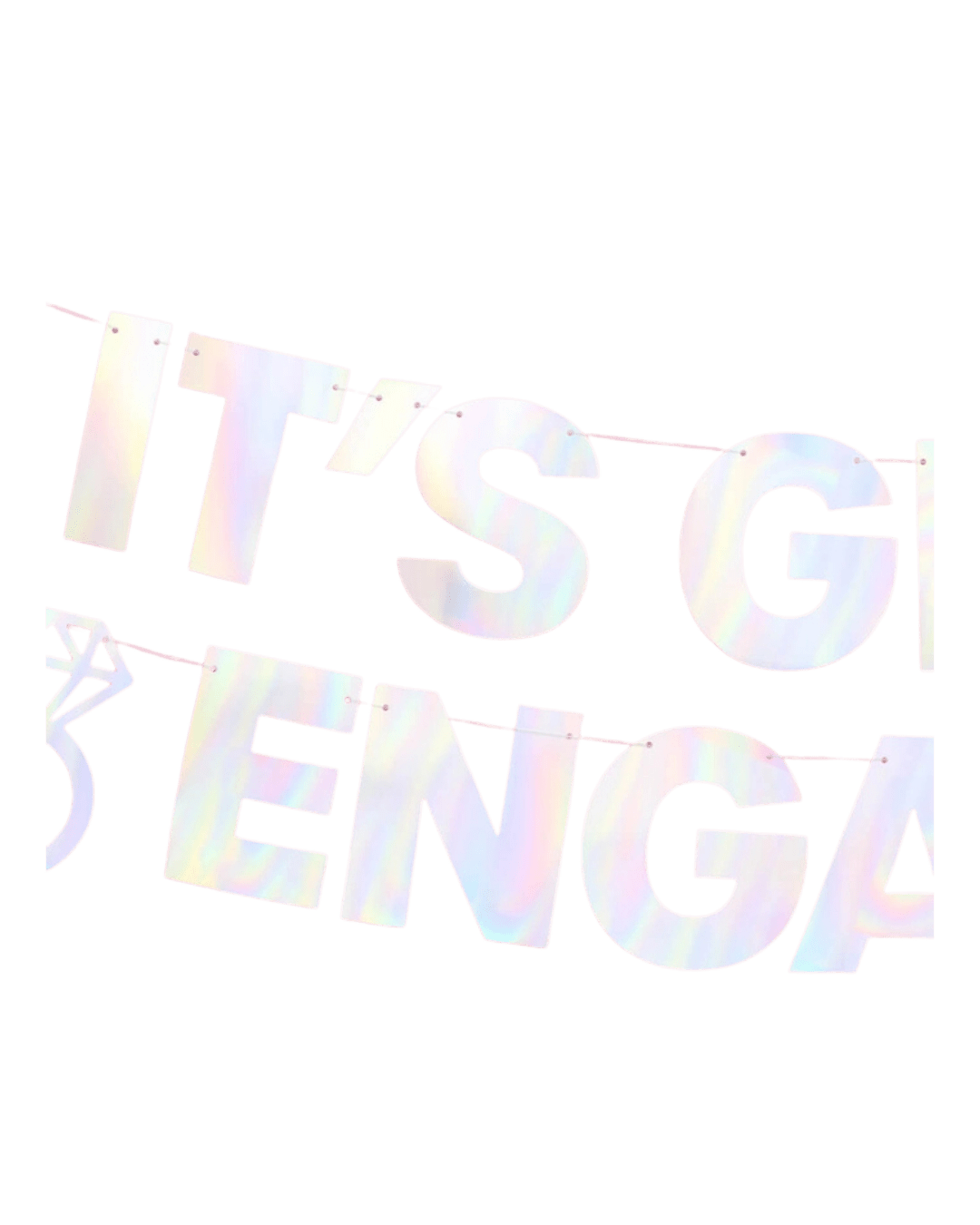 Iridescent engagement banner holographic hanging letters engagement theme from Parte Haus party supply store in Bethesda Maryland