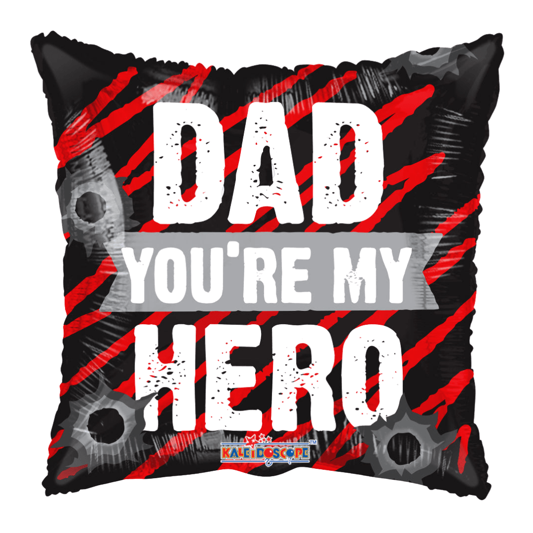 Black and red Father's Day balloon with dad you're my hero text from Parte Haus party supply store in Bethesda MD