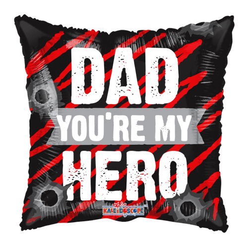 Black and red Father's Day balloon with dad you're my hero text from Parte Haus party supply store in Bethesda MD