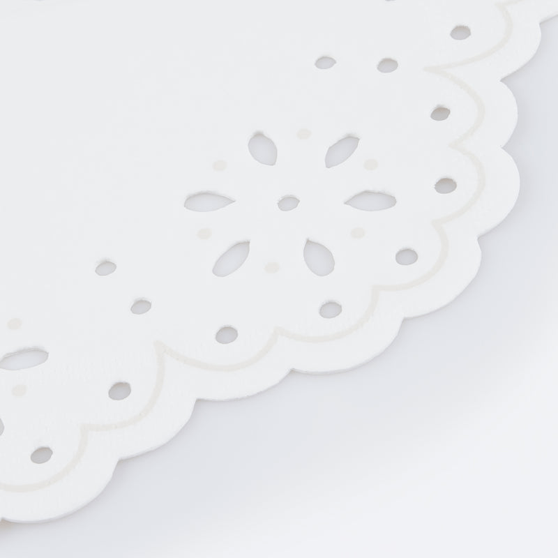 White paper doily with scalloped edges perfect for elegant events from Parte Haus party supply store in Bethesda MD.