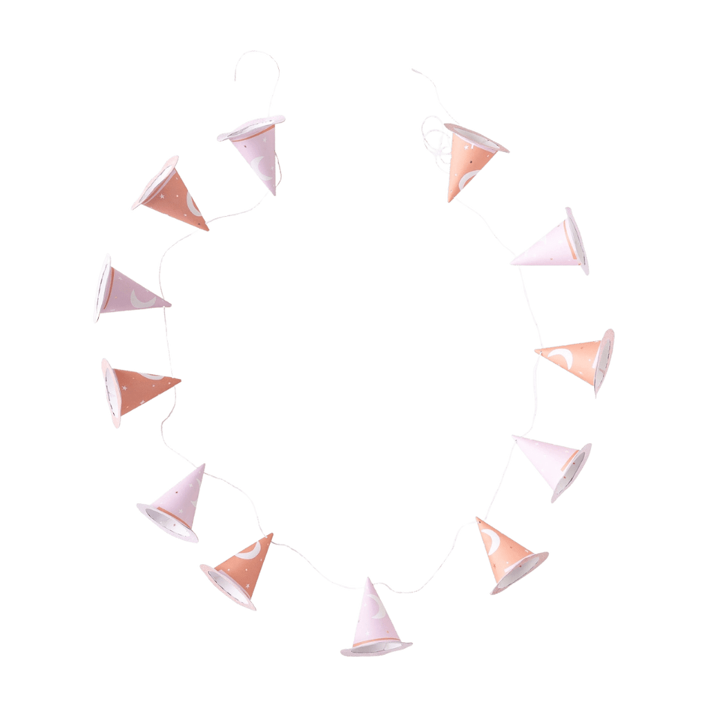 Pink and peach cone hat garland pastel birthday decoration from Parte Haus party supply store in Bethesda Maryland