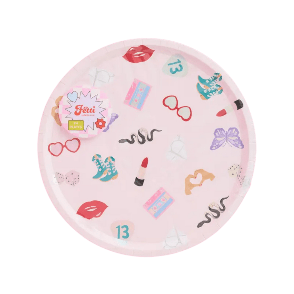 Pink paper plate with playful party icons birthday theme from Parte Haus party supply store in Bethesda Maryland