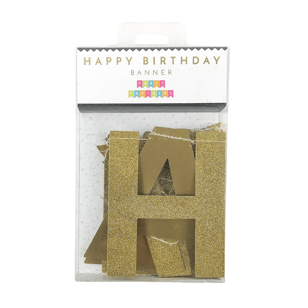 Gold happy birthday banner glitter letters birthday theme from Parte Haus party supply store in Bethesda Maryland