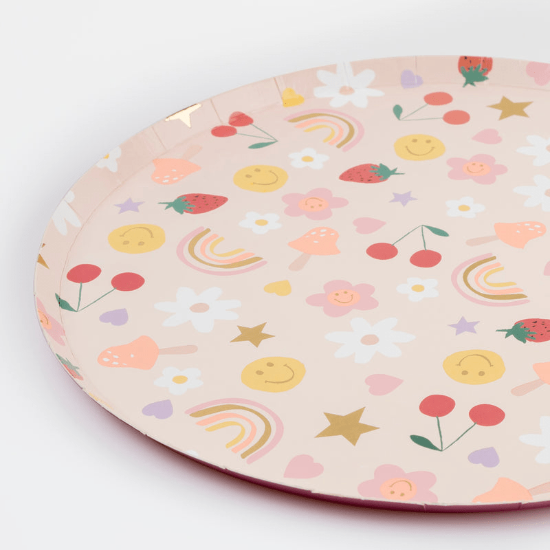 Pastel multi pattern round plate with rainbows strawberries and flowers birthday theme from Parte Haus party supply store in Bethesda Maryland