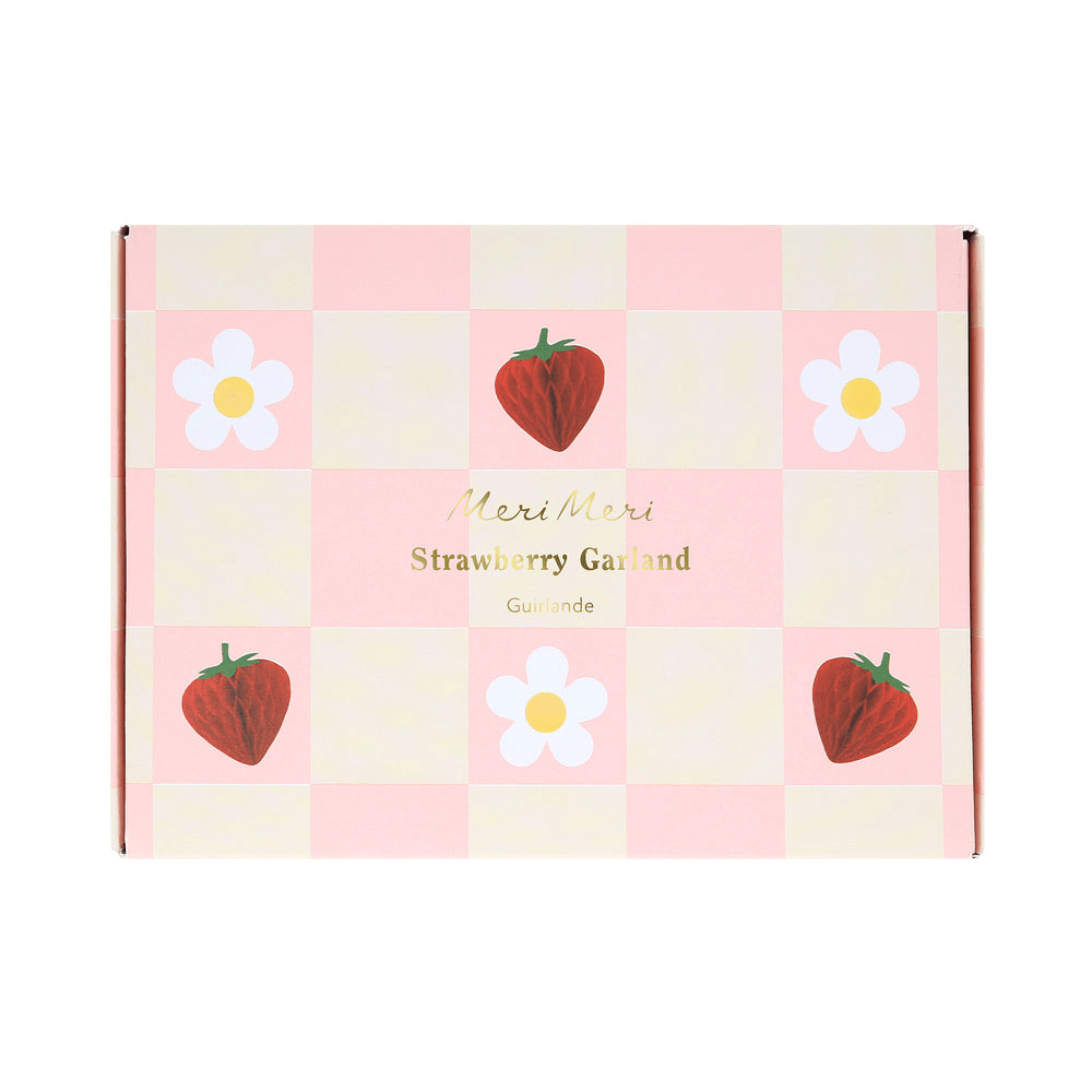 Pink strawberry garland in a checkered flower box birthday theme from Parte Haus party supply store in Bethesda Maryland